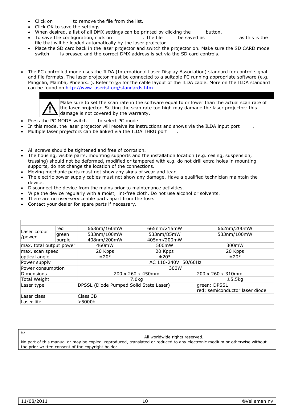 Cleaning and maintenance, Technical specifications | Velleman VDP2301RGVLD10 User Manual | Page 10 / 45