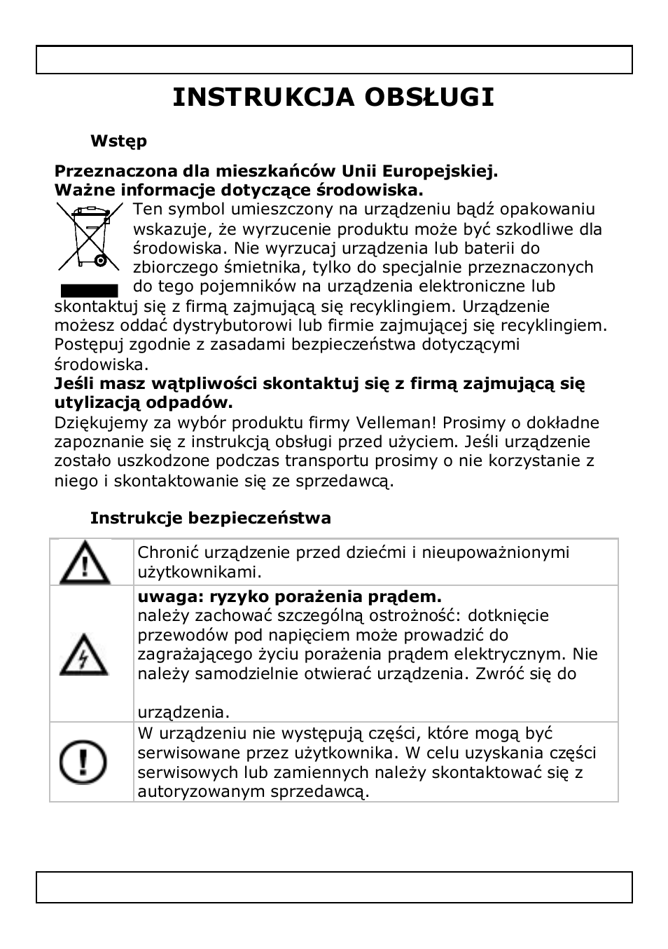 Instrukcja obsługi, Wstęp, Instrukcje bezpieczeństwa | Velleman WIFIR3 User Manual | Page 114 / 145