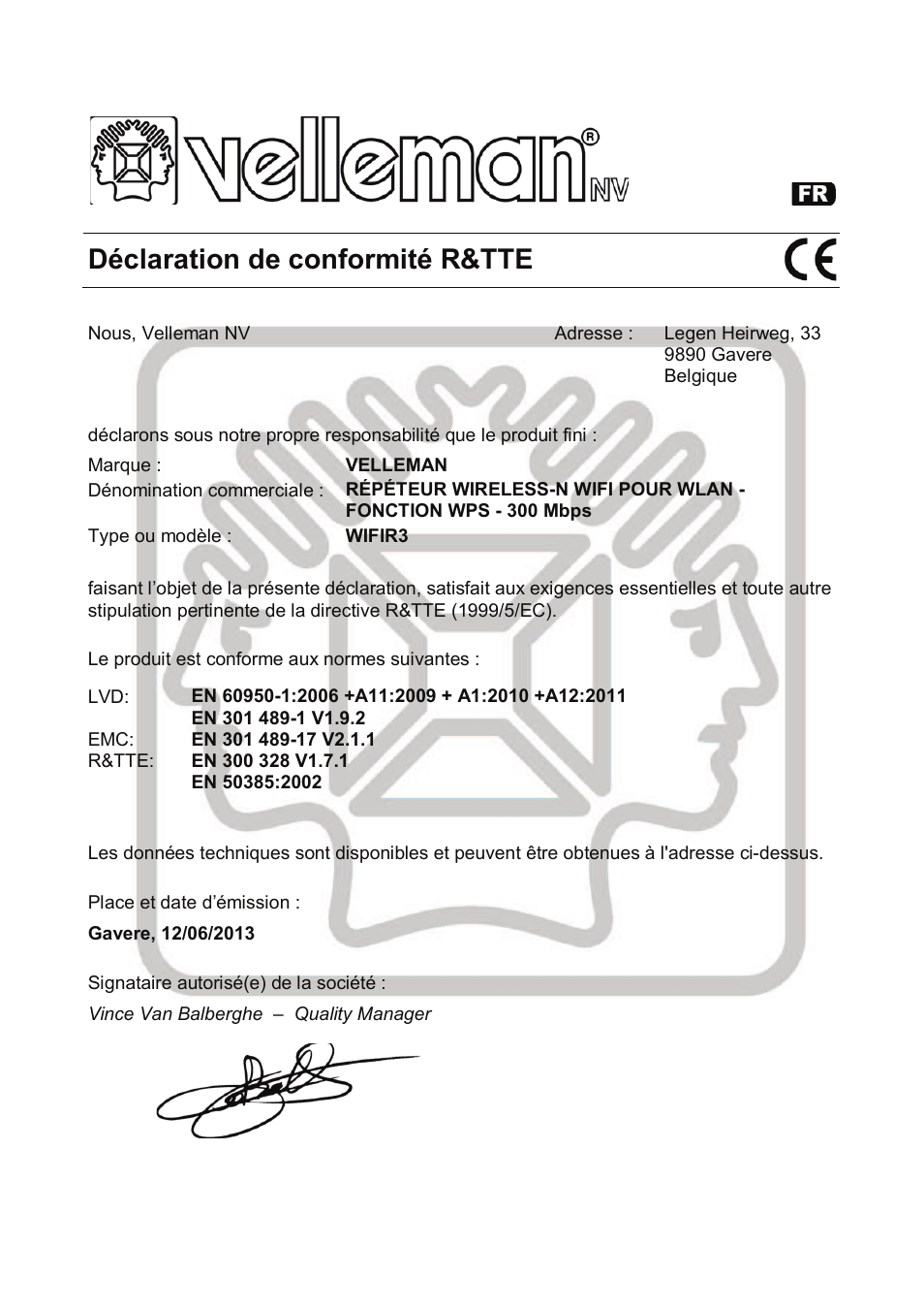 Déclaration de conformité r&tte | Velleman WIFIR3 User Manual | Page 135 / 145