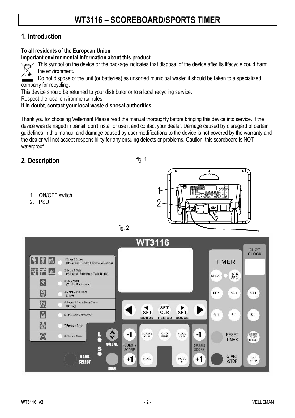 Wt3116 – scoreboard/sports timer | Velleman WT3116 User Manual | Page 2 / 78