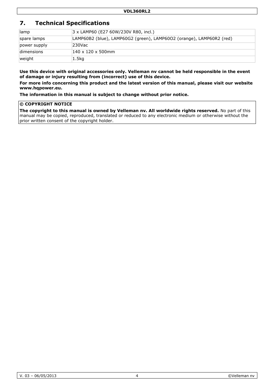 Technical specifications | Velleman VDL360RL2 User Manual | Page 4 / 18