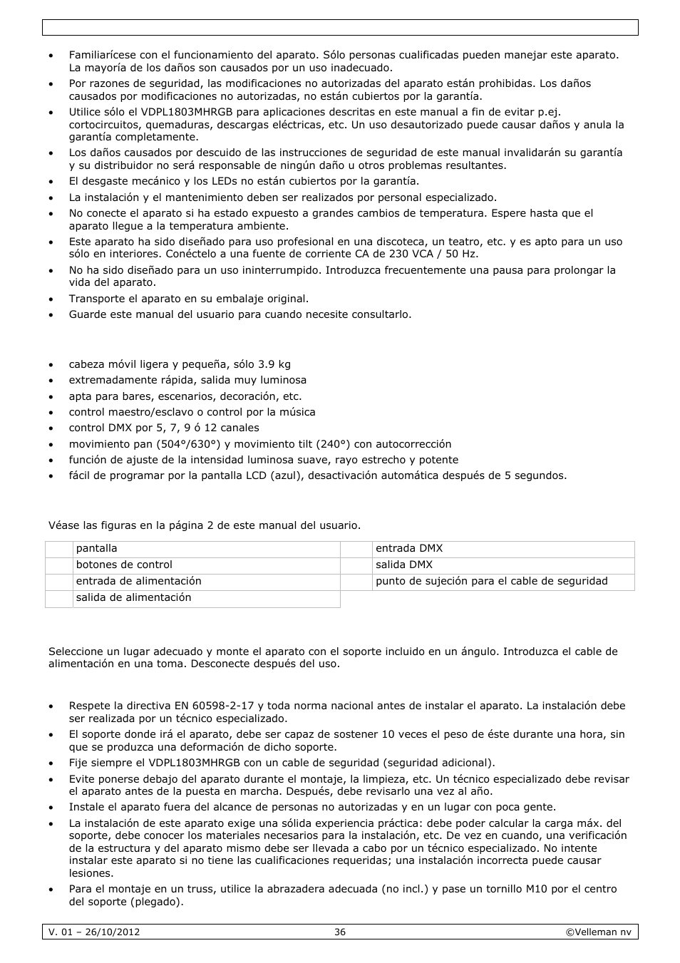 Características, Descripción, Instalación | Velleman VDPL1803MHRGB User Manual | Page 36 / 57