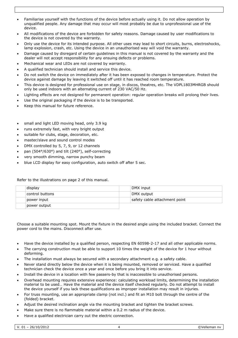 Features, Overview, Installation | Velleman VDPL1803MHRGB User Manual | Page 4 / 57