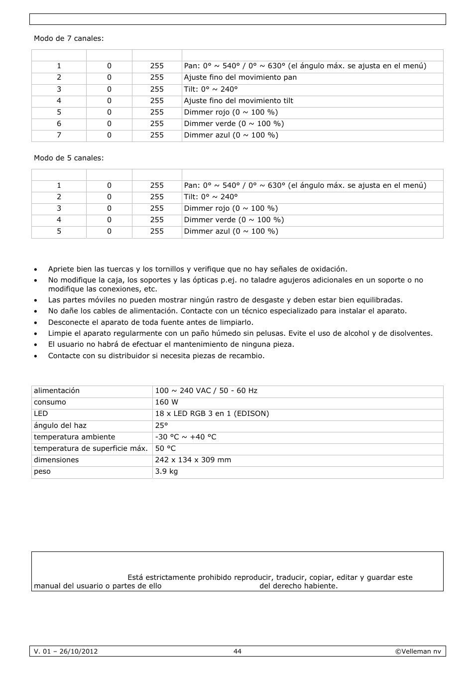 Limpieza y mantenimiento, Especificaciones | Velleman VDPL1803MHRGB User Manual | Page 44 / 57