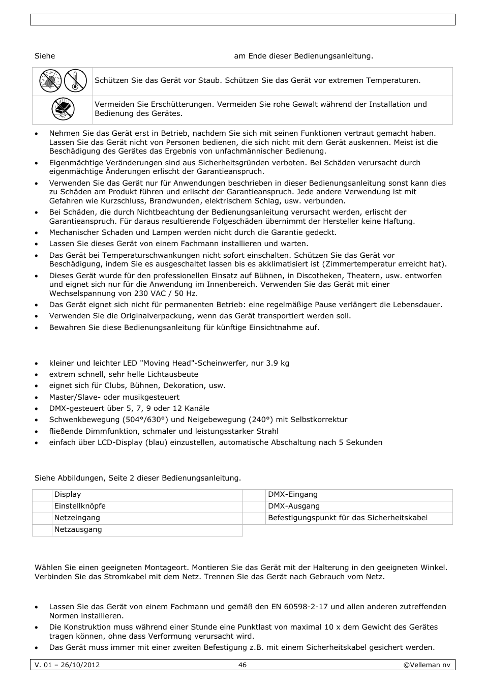 Allgemeine richtlinien, Eigenschaften, Umschreibung | Installation | Velleman VDPL1803MHRGB User Manual | Page 46 / 57