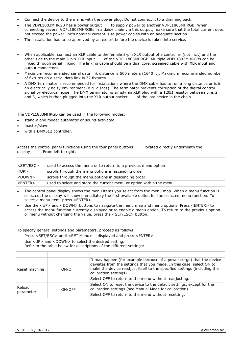 Operation | Velleman VDPL1803MHRGB User Manual | Page 5 / 57