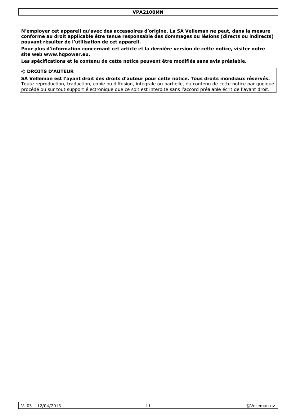 Velleman VPA2100MN User Manual | Page 11 / 18