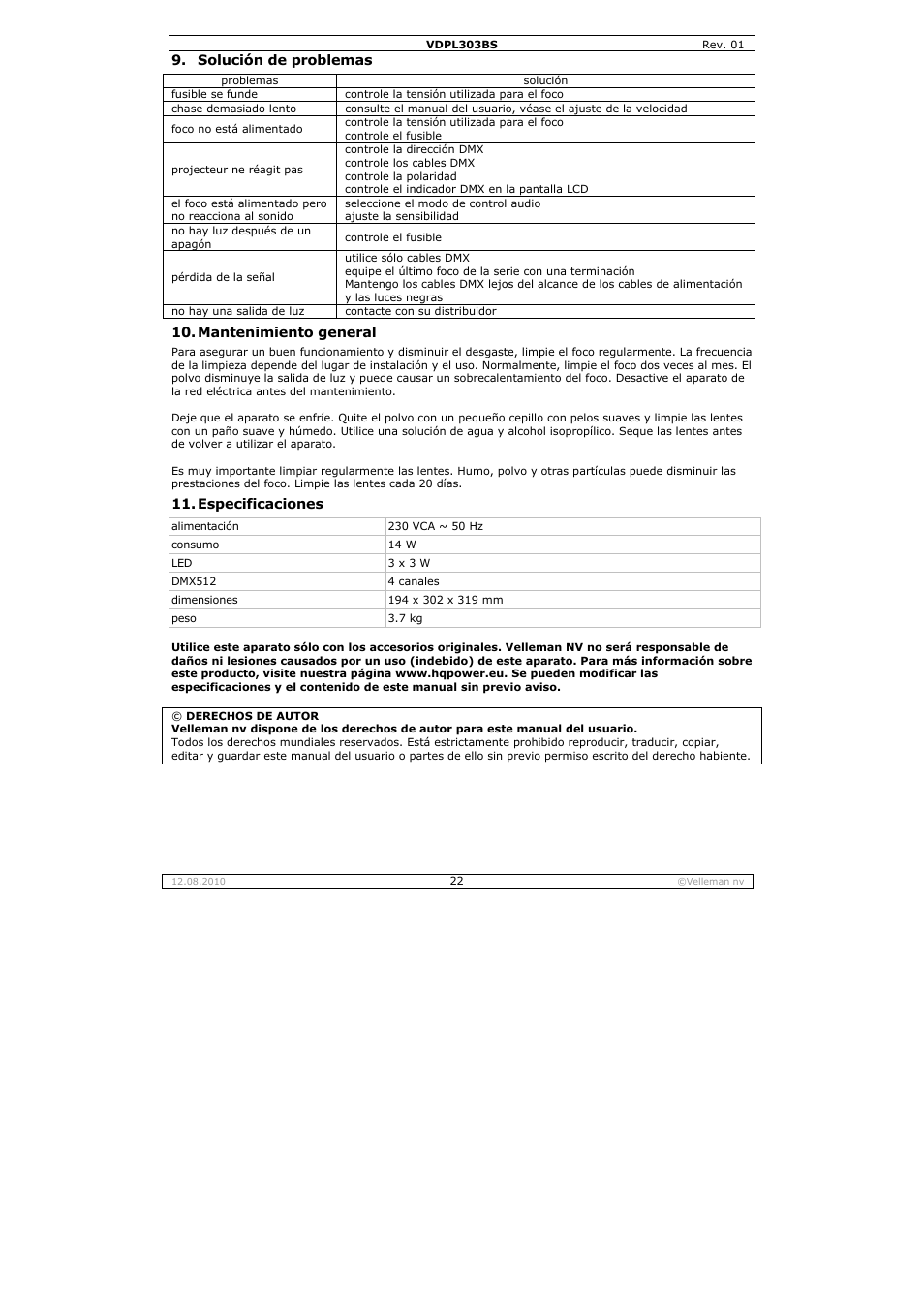 Velleman VDPL303BS User Manual | Page 22 / 30