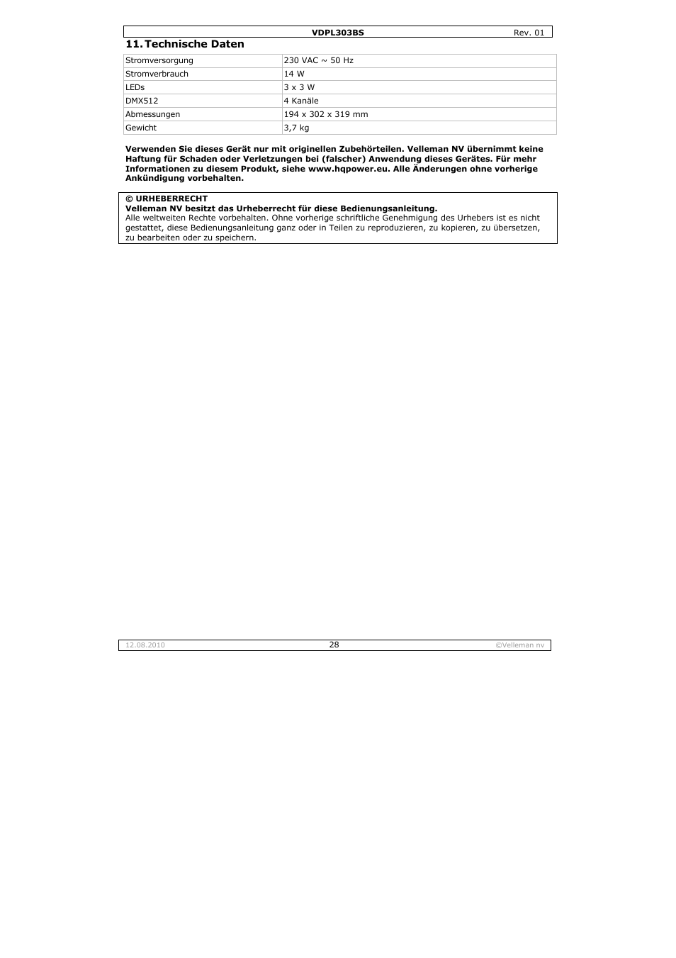 Velleman VDPL303BS User Manual | Page 28 / 30