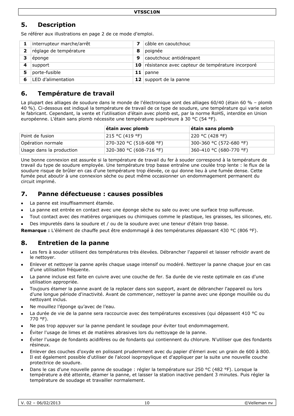 Description, Température de travail, Panne défectueuse : causes possibles | Entretien de la panne | Velleman VTSSC10N User Manual | Page 10 / 22