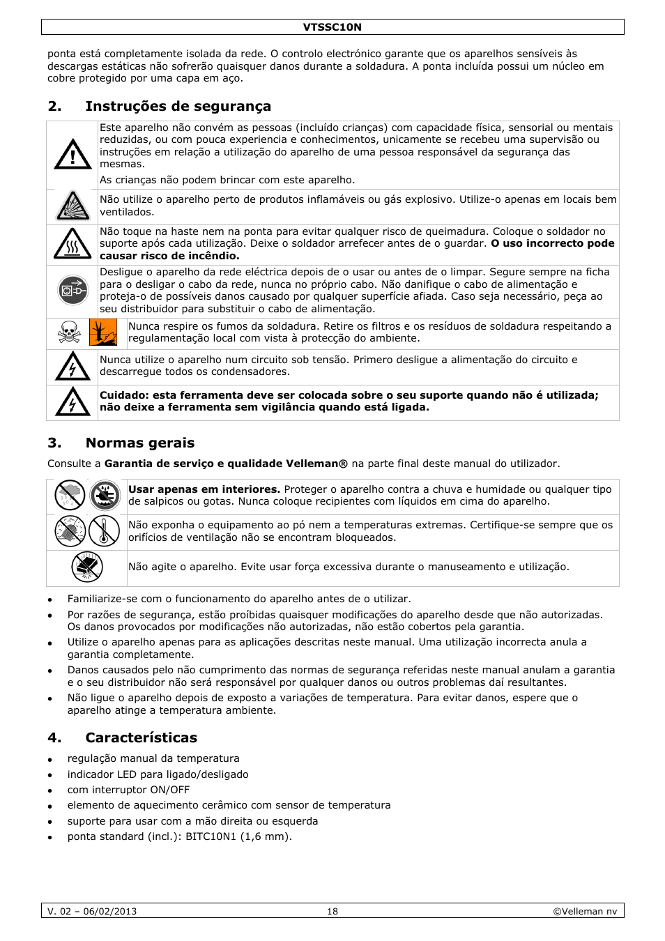 Instruções de segurança, Normas gerais, Características | Velleman VTSSC10N User Manual | Page 18 / 22
