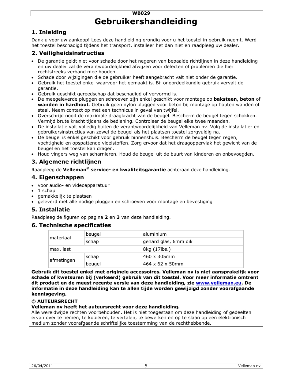 Gebruikershandleiding | Velleman WB029 User Manual | Page 5 / 11