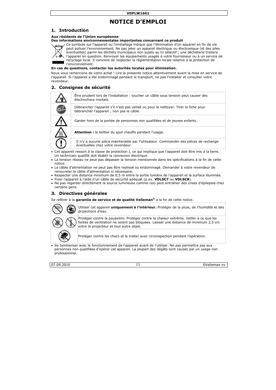 Otice d, Emploi | Velleman VDPLW1601 User Manual | Page 11 / 24