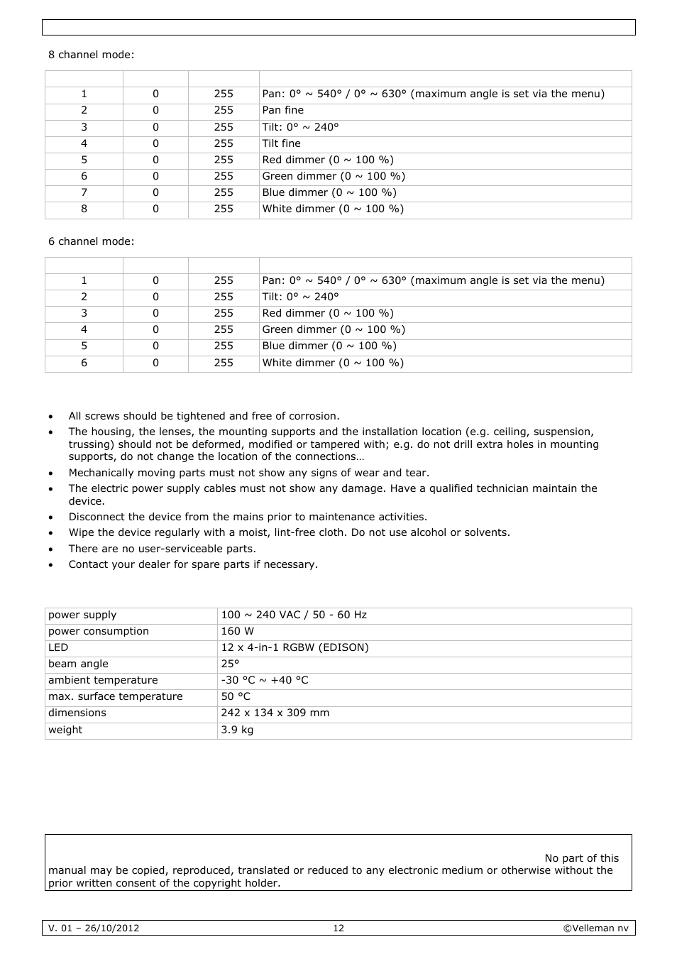 Cleaning and maintenance, Technical specifications | Velleman VDPL1203MHRGBW User Manual | Page 12 / 58