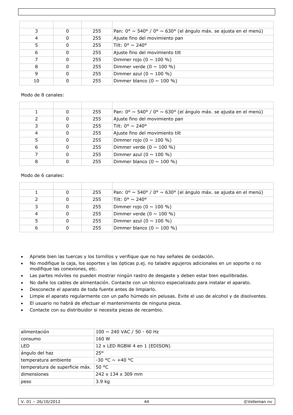 Limpieza y mantenimiento, Especificaciones | Velleman VDPL1203MHRGBW User Manual | Page 44 / 58