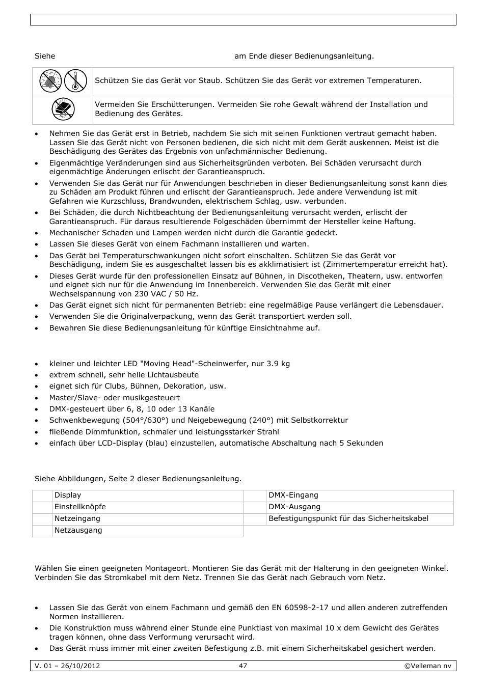 Allgemeine richtlinien, Eigenschaften, Umschreibung | Installation | Velleman VDPL1203MHRGBW User Manual | Page 47 / 58