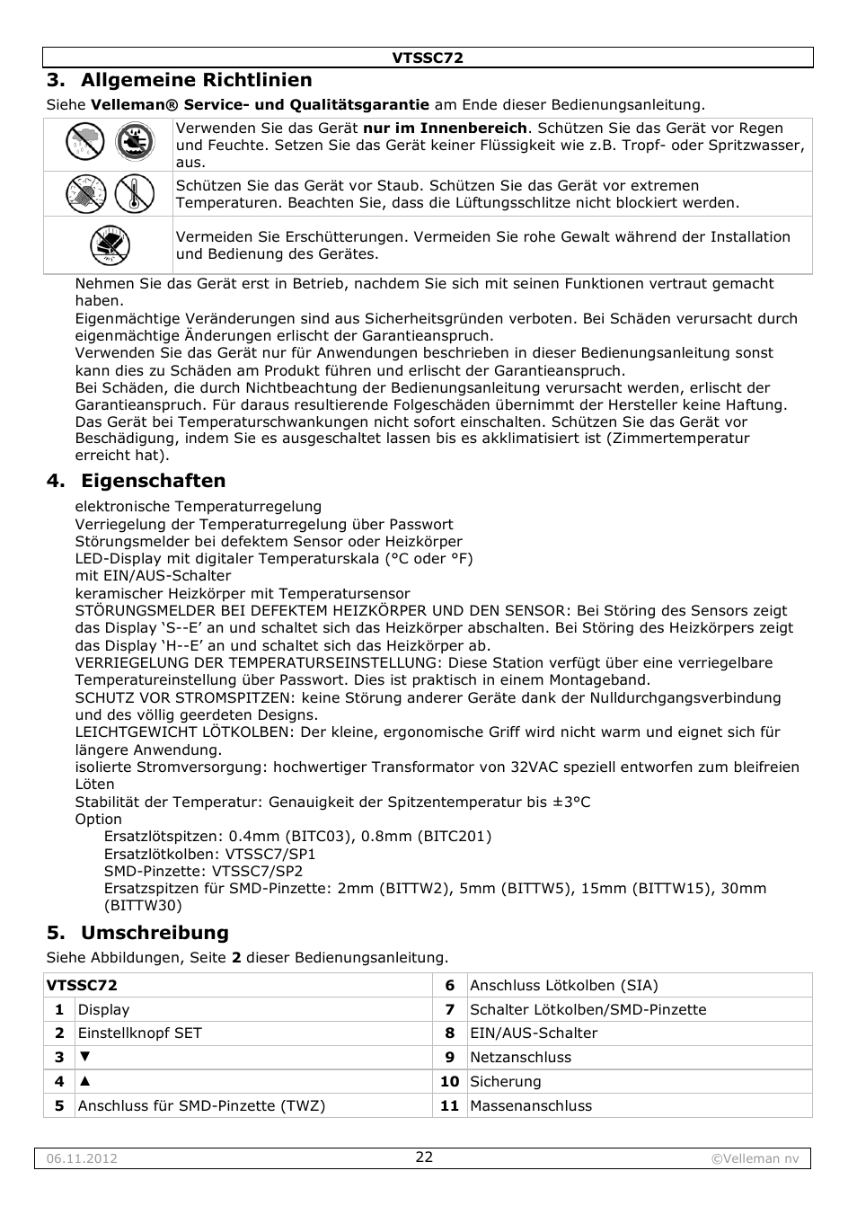 Allgemeine richtlinien, Eigenschaften, Umschreibung | Velleman VTSSC72 User Manual | Page 22 / 27