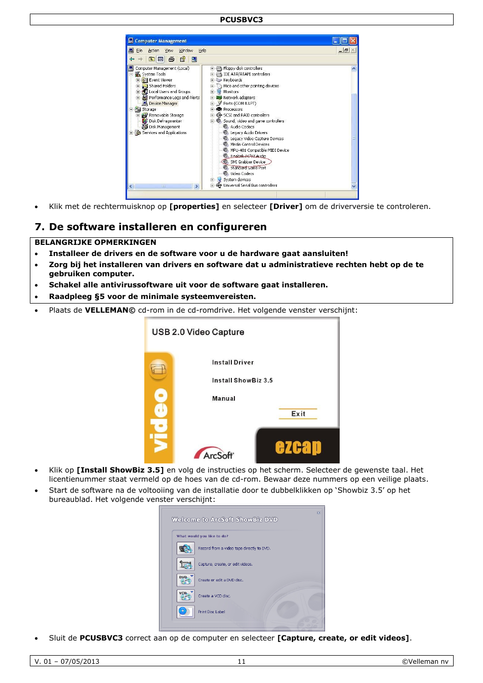 De software installeren en configureren | Velleman PCUSBVC3 User Manual | Page 11 / 33