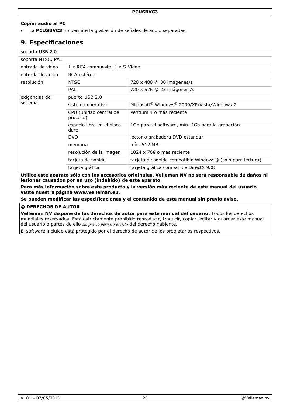 Especificaciones, Bedienungsanleitung | Velleman PCUSBVC3 User Manual | Page 25 / 33