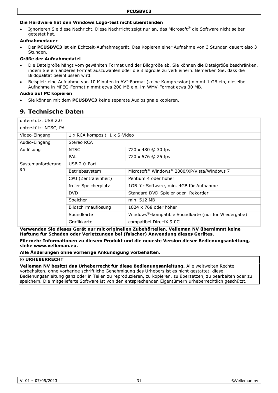 Technische daten, Warranty - garantie - garantia | Velleman PCUSBVC3 User Manual | Page 31 / 33