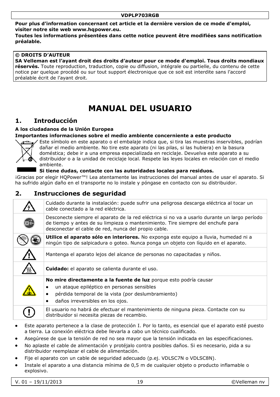 Manual del usuario, Introducción, Instrucciones de seguridad | Velleman VDPLP703RGB User Manual | Page 19 / 31