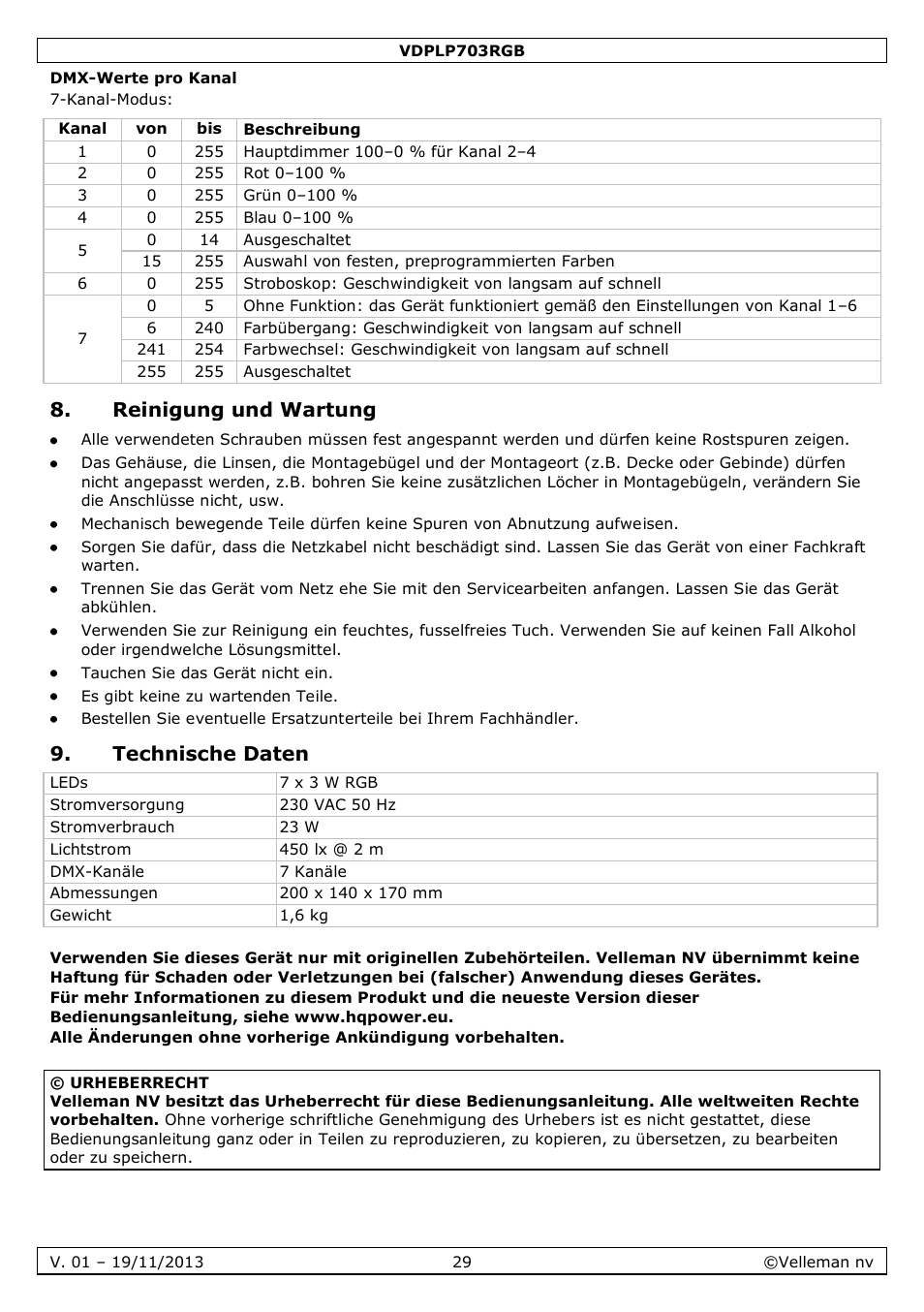 Dmx-werte pro kanal, Reinigung und wartung, Technische daten | Velleman VDPLP703RGB User Manual | Page 29 / 31