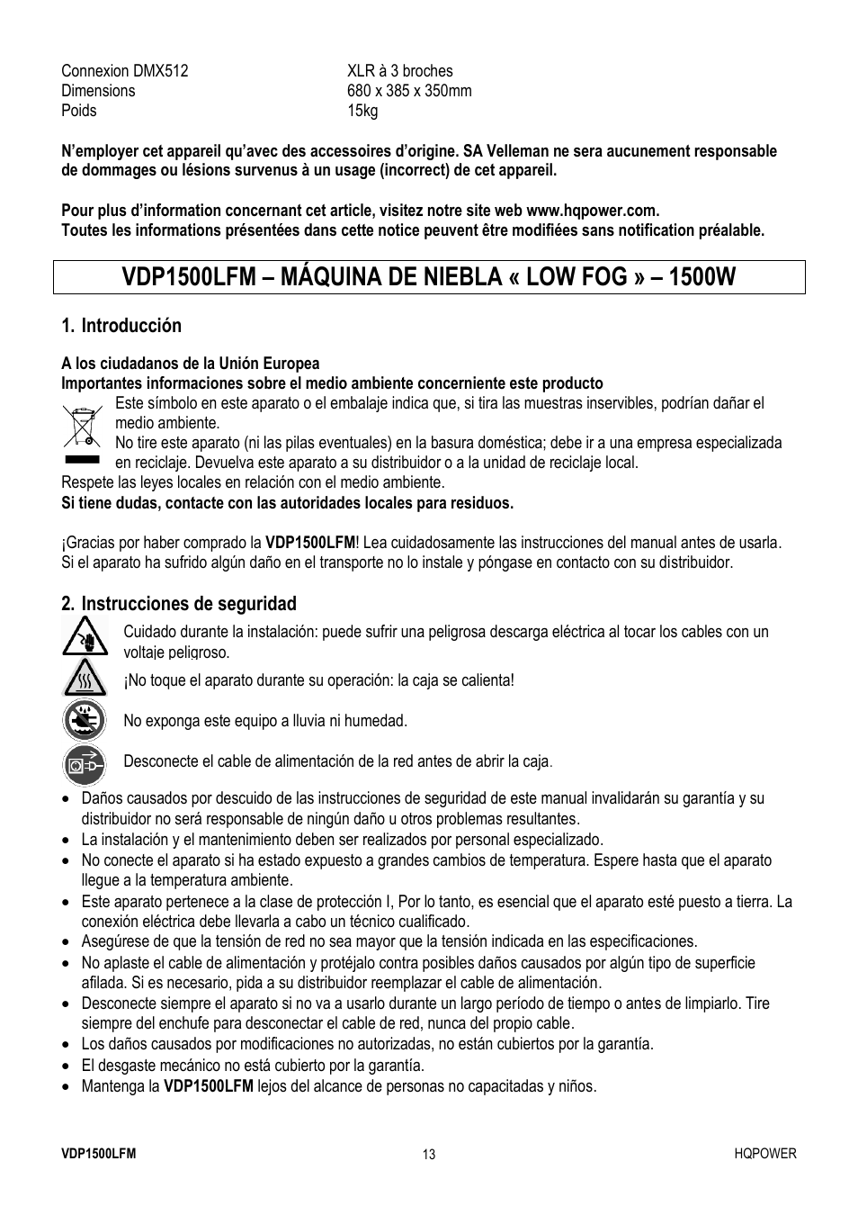 Vdp1500lfm – máquina de niebla « low fog, 1500w | Velleman VDP1500LFM User Manual | Page 13 / 22