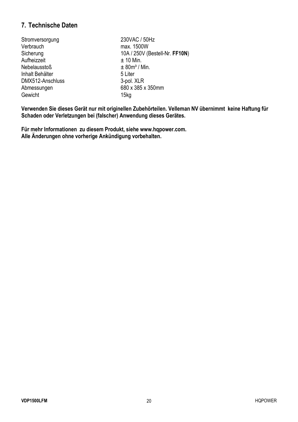 Velleman VDP1500LFM User Manual | Page 20 / 22