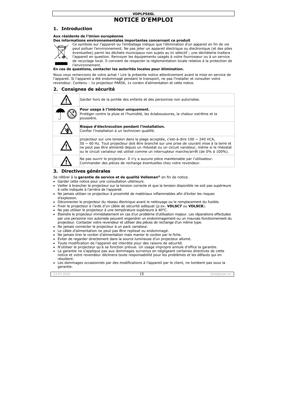 Otice d, Emploi | Velleman VDPLP56SL User Manual | Page 15 / 34