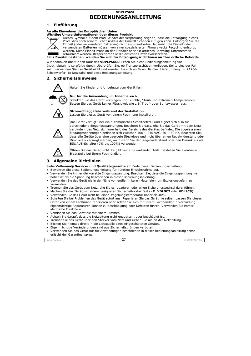 Bedie, Enungs, Anleitu | Velleman VDPLP56SL User Manual | Page 27 / 34
