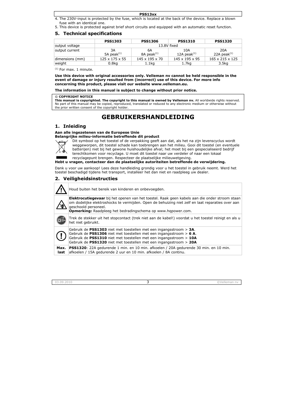 Gebruikershandleiding, Technical specifications, Inleiding | Veiligheidsinstructies | Velleman PSS1320 User Manual | Page 3 / 11