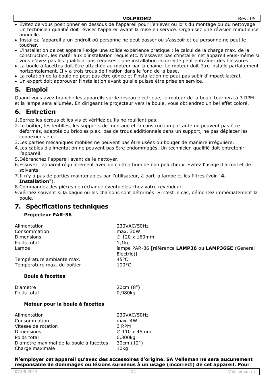 Emploi, Entretien, Spécifications techniques | Velleman VDLPROM2 User Manual | Page 11 / 26