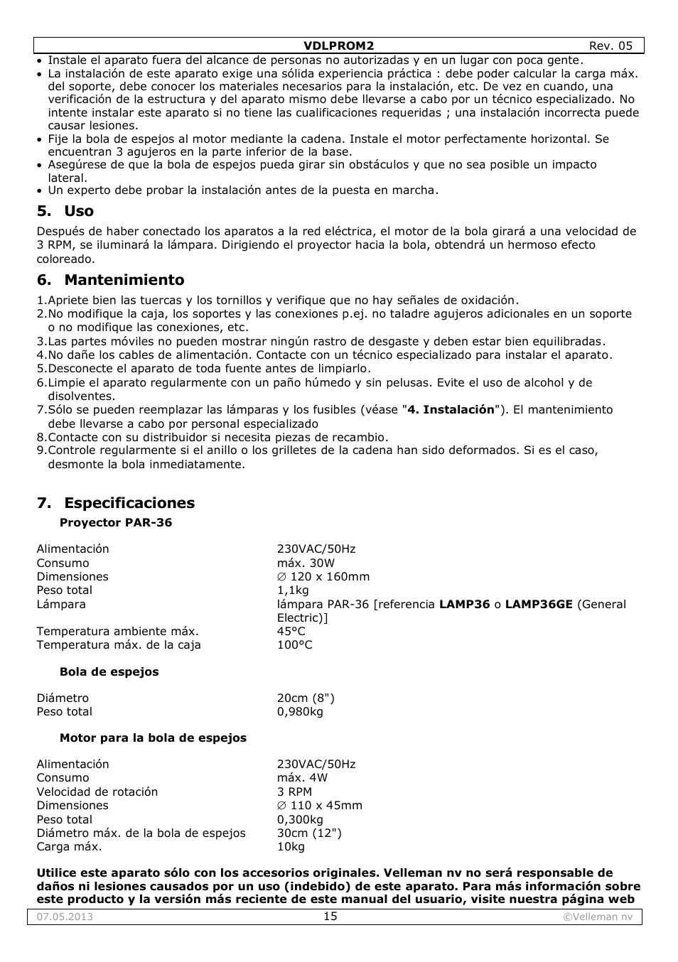 Mantenimiento, Especificaciones | Velleman VDLPROM2 User Manual | Page 15 / 26