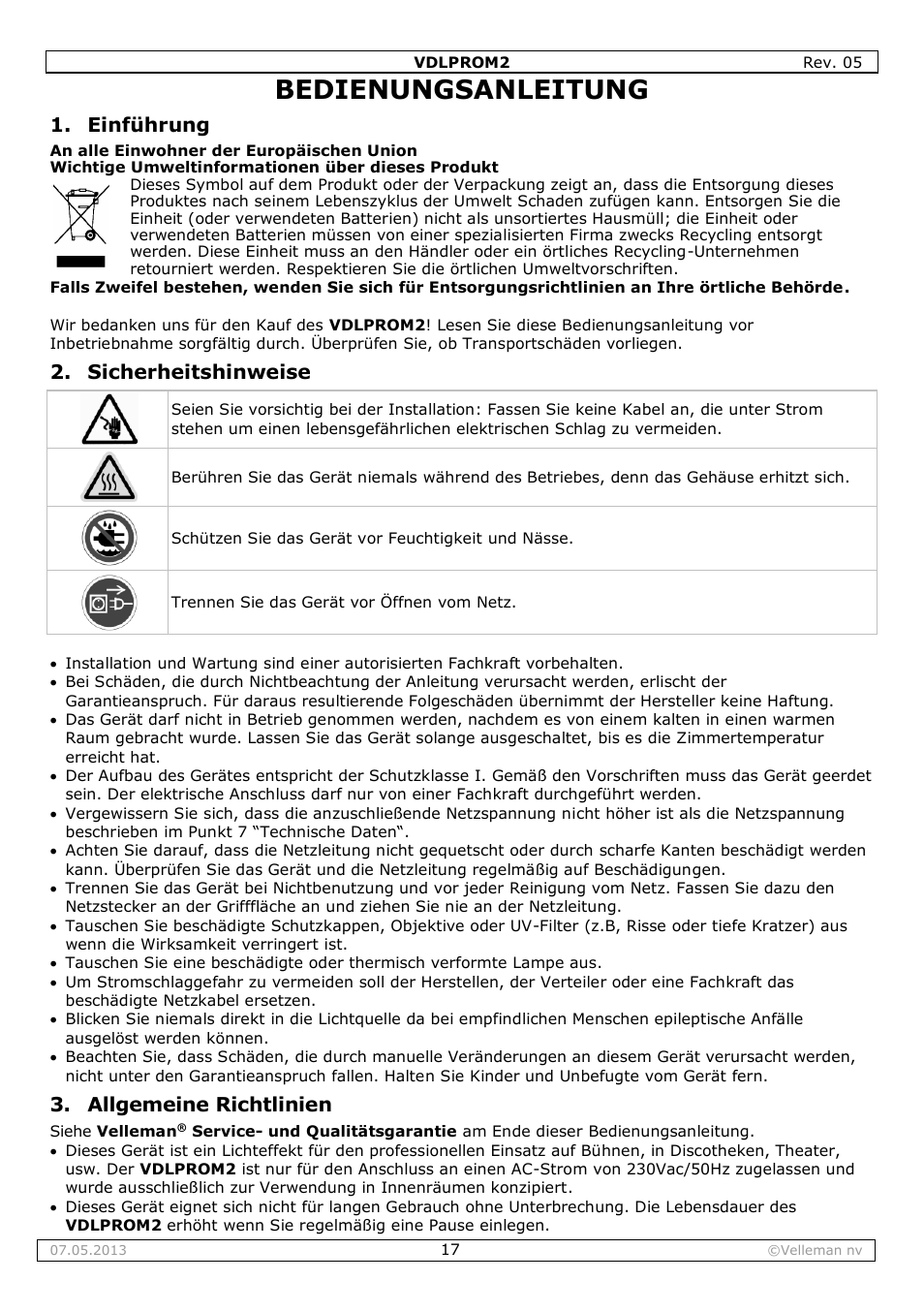 Bedienungsanleitung, Einführung, Sicherheitshinweise | Allgemeine richtlinien | Velleman VDLPROM2 User Manual | Page 17 / 26