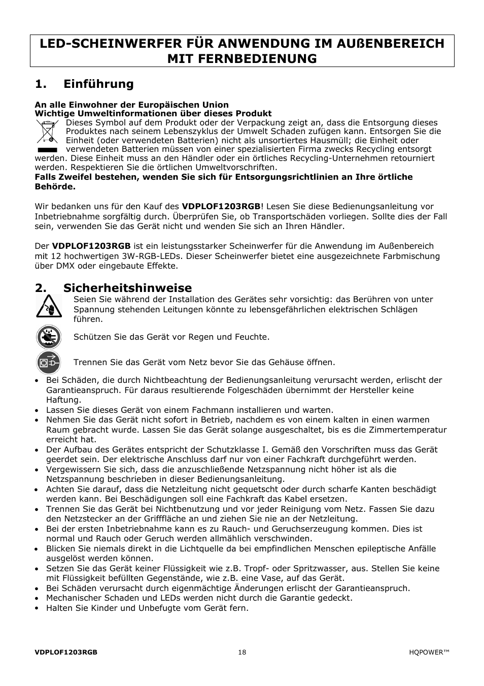 Led-sc, Cheinw, Werfer m | R für a mit fer, Anwen rnbed, Ndung ienun, G im au g, Ußenb, Ereich, Einf | Velleman VDPLOF1203RGB User Manual | Page 18 / 23