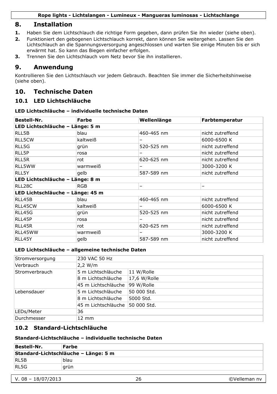 Installation, Anwendung, Technische daten | 1 led lichtschläuche, Led lichtschläuche – individuelle technische daten, Led lichtschläuche – allgemeine technische daten, 2 standard-lichtschläuche | Velleman VDLRL28x User Manual | Page 26 / 30