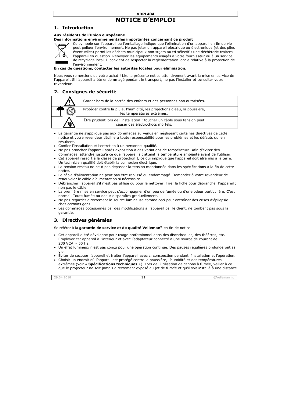 Otice d, Emploi | Velleman VDPL404 User Manual | Page 11 / 26