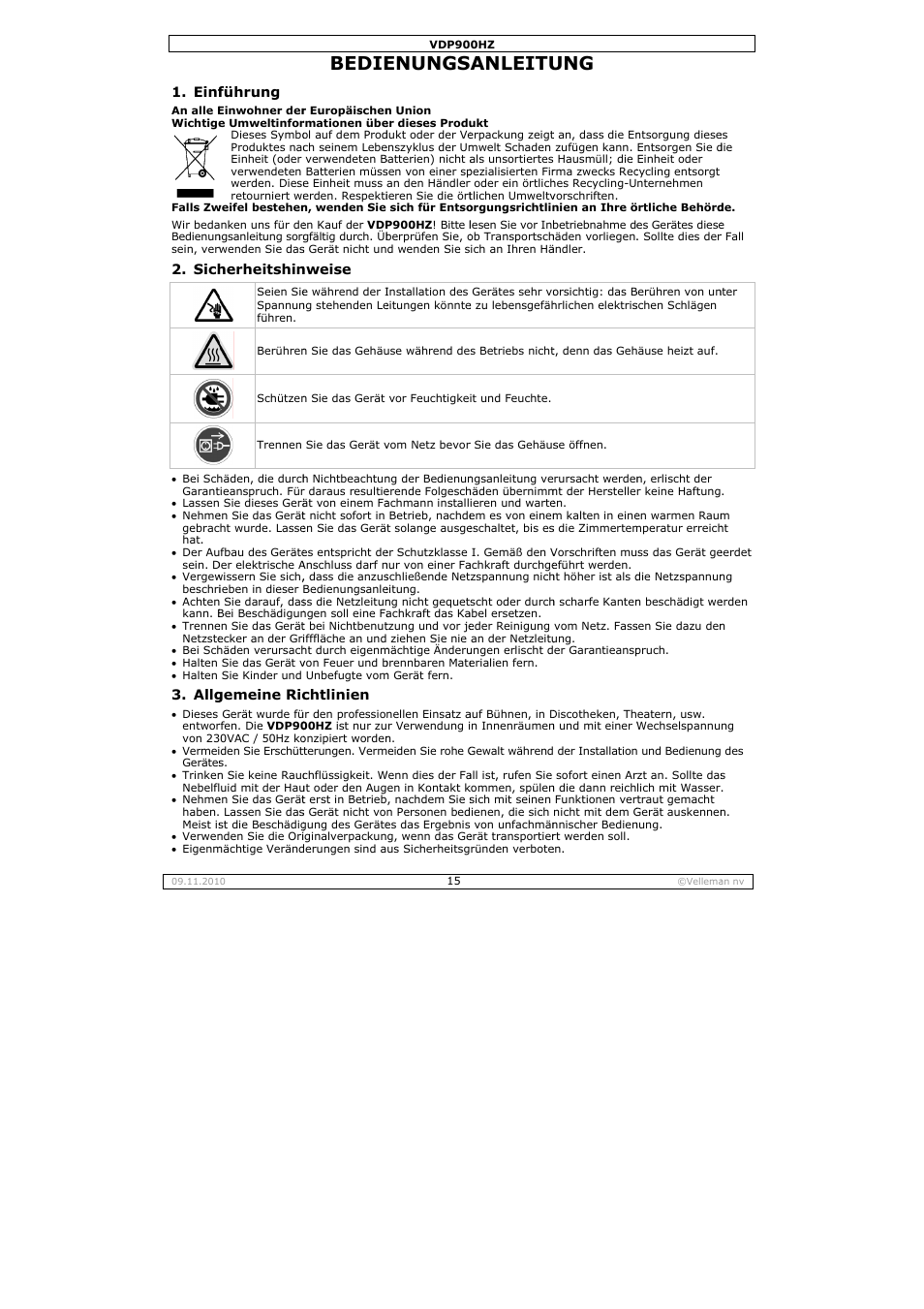 Bedie, Enungs, Anleitu | Velleman VDP900HZ User Manual | Page 15 / 19