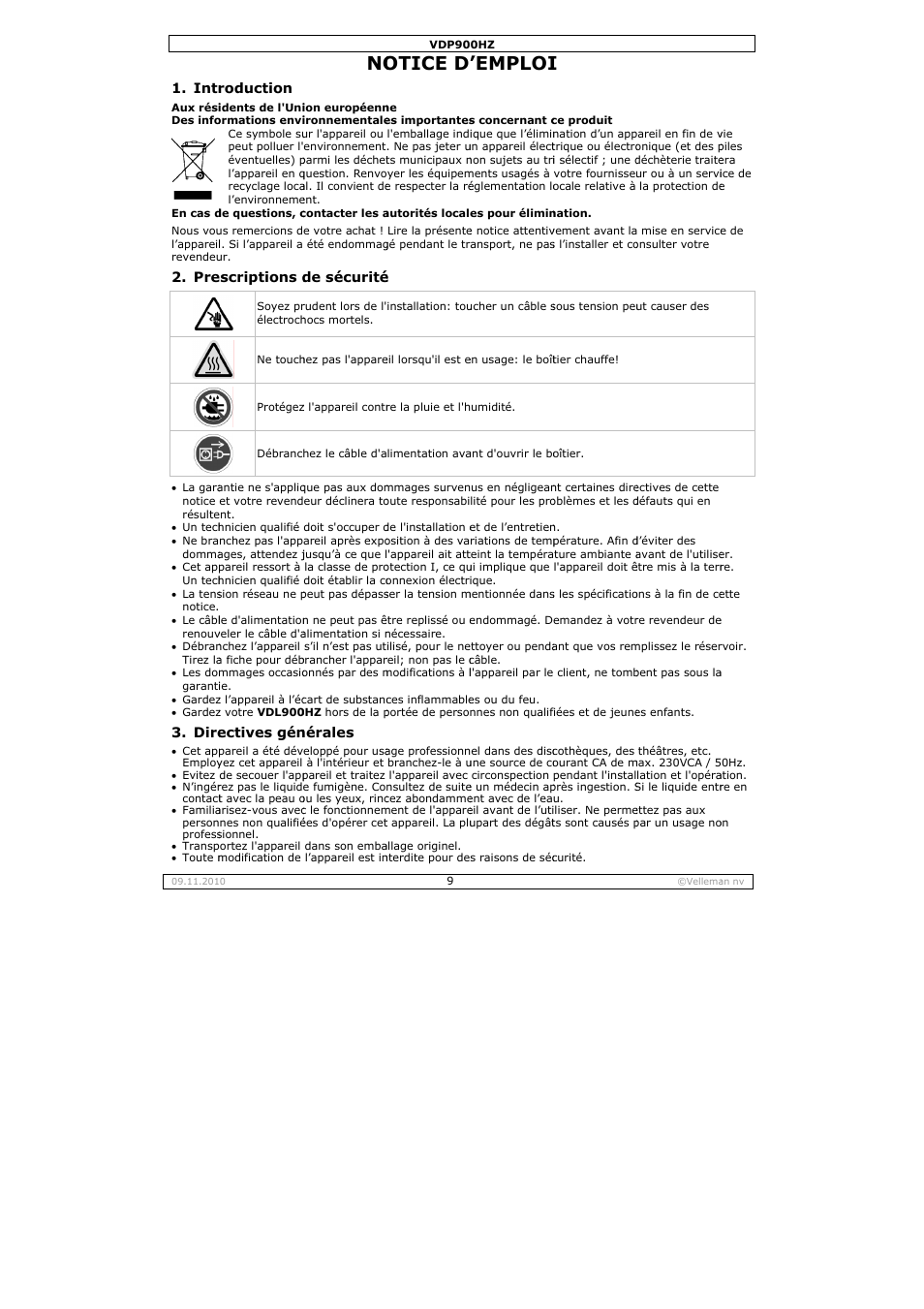 Otice d, Emploi | Velleman VDP900HZ User Manual | Page 9 / 19