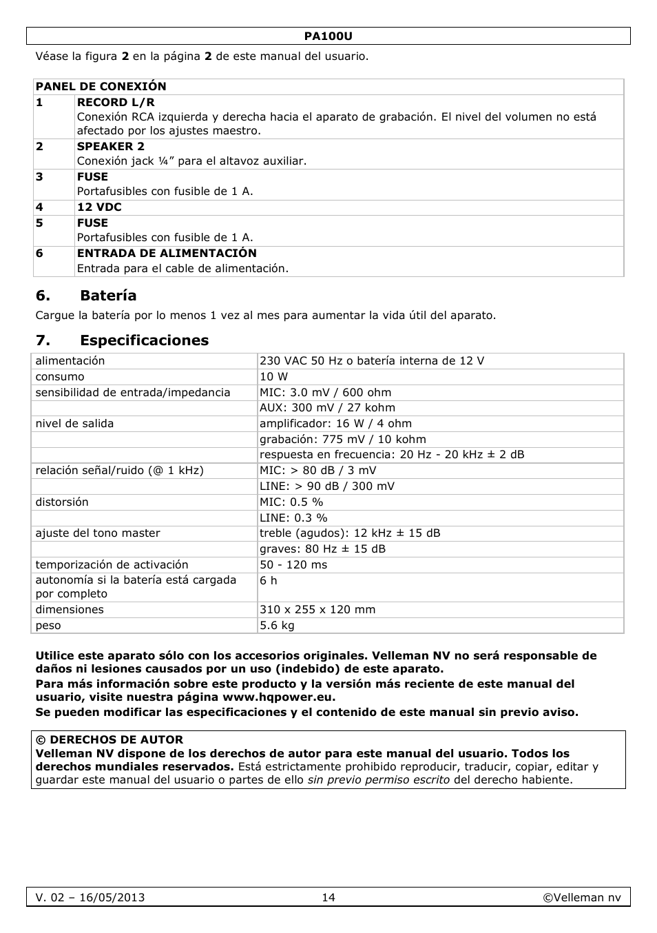 Batería, Especificaciones | Velleman PA100U User Manual | Page 14 / 23