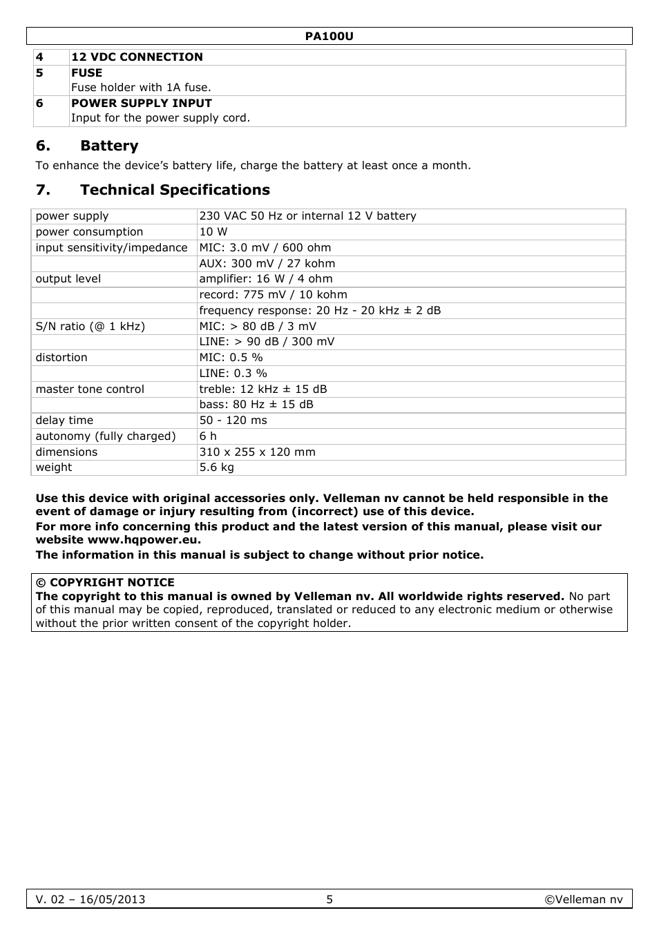Battery, Technical specifications | Velleman PA100U User Manual | Page 5 / 23