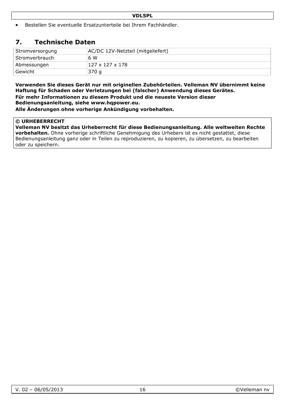 Technische daten, Warranty - garantie - garantia | Velleman VDL5PL User Manual | Page 16 / 18