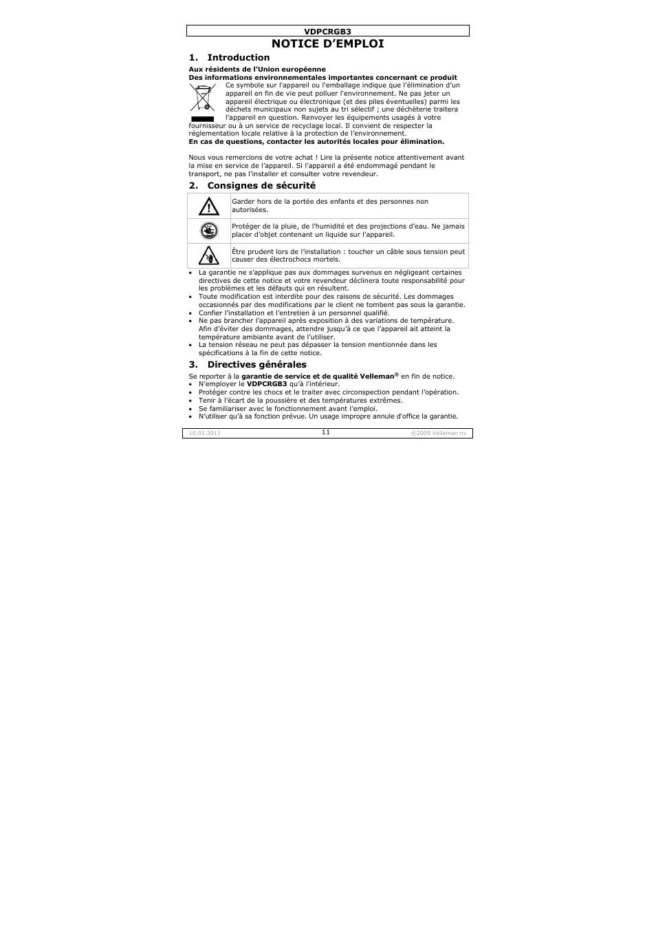 Notice d’emploi | Velleman VDPCRGB3 User Manual | Page 11 / 26