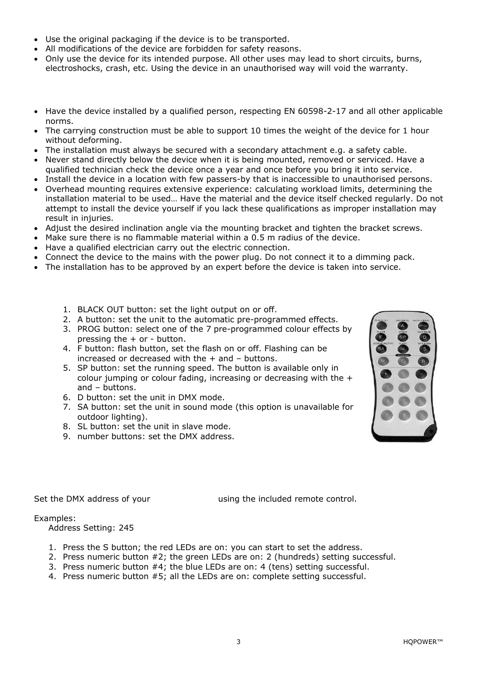 Installation, Remote control description | Velleman VDPLOW2403 User Manual | Page 3 / 23