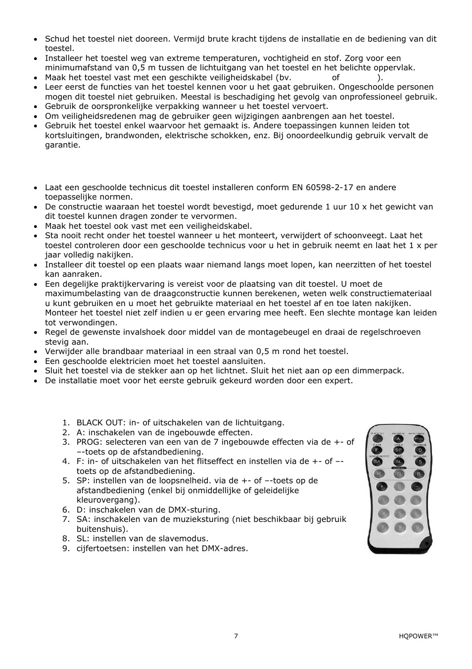 Installatie, Omschrijving van de afstandsbediening | Velleman VDPLOW2403 User Manual | Page 7 / 23