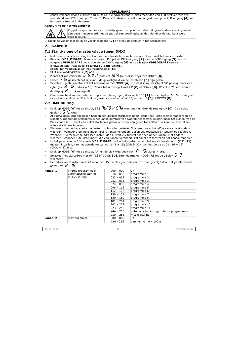 Bruik | Velleman VDPLDJBAR2 User Manual | Page 9 / 24