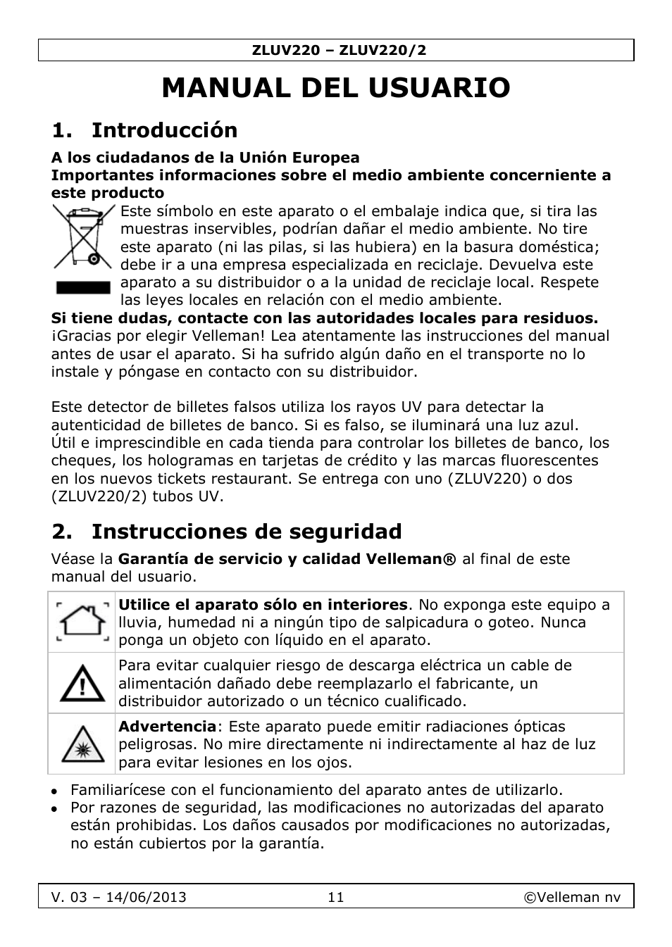 Manual del usuario, Introducción, Instrucciones de seguridad | Velleman ZLUV220 User Manual | Page 11 / 18