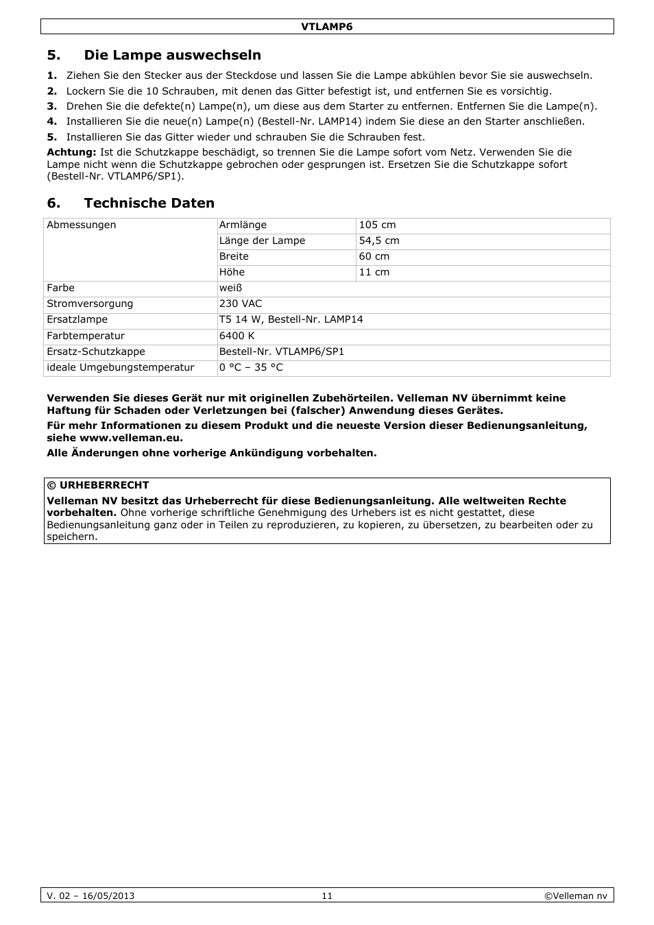 Die lampe auswechseln, Technische daten | Velleman VTLAMP6 User Manual | Page 11 / 17