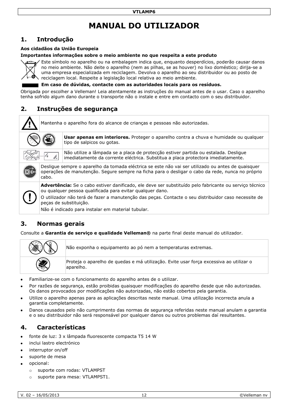 Manual do utilizador, Introdução, Instruções de segurança | Normas gerais, Características | Velleman VTLAMP6 User Manual | Page 12 / 17