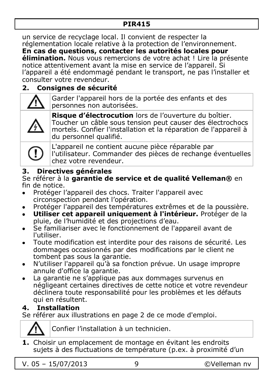 Consignes de sécurité, Directives générales, Installation | Velleman PIR415 User Manual | Page 9 / 22
